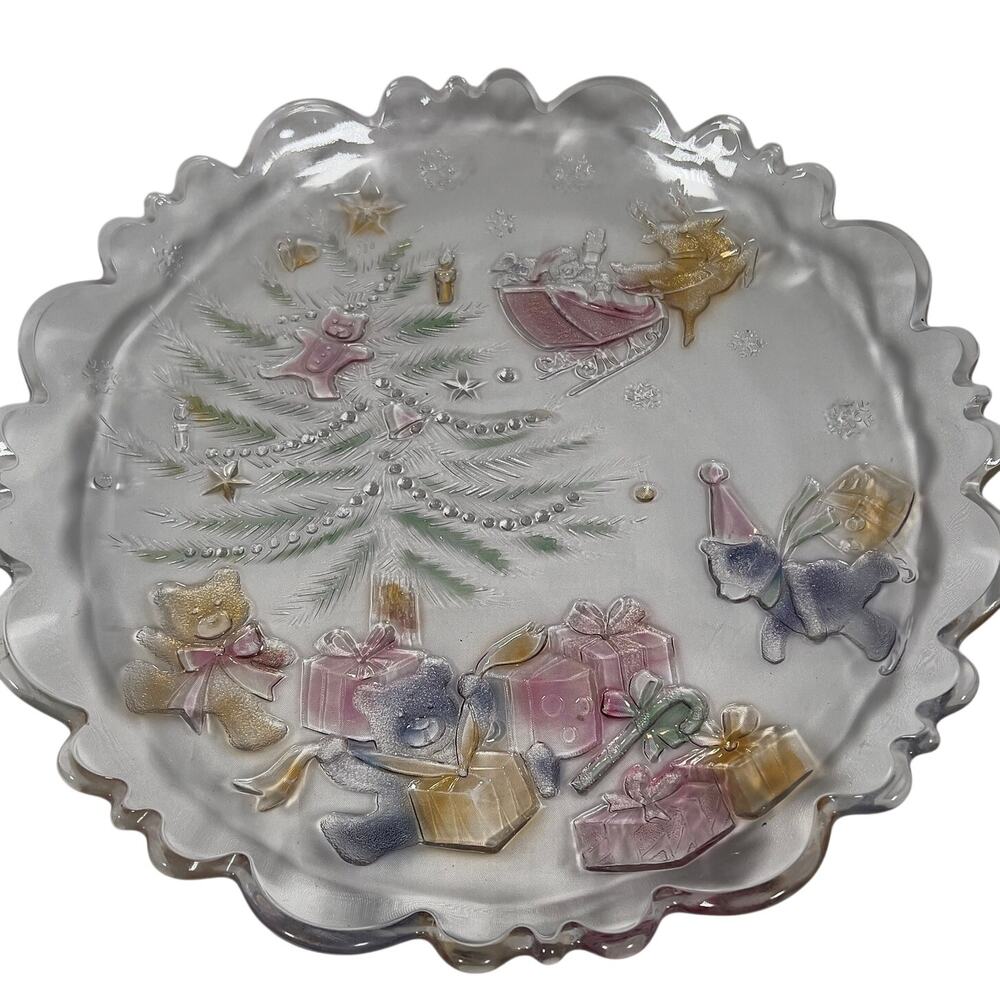 Share the Joy Christmas Platter 13.5" Glass Holiday Serving Plate Pastel Santa